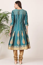 Teal Green Silk Kurta Set With Block Print